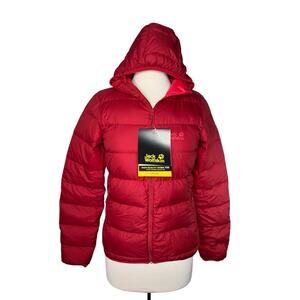 JACK WOLFSKIN *NEW* Helium Down Jacket in Indian Red Size XS Womens Hood Puffer